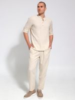 Λινή Πουκαμίσα Μακρύ Μανίκι Slim-fit SANTINO 33-7510 Μπεζ - Image 4