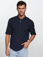 Ανδρικό Λινό Πουκάμισο Slim 33-6116 Μπλε