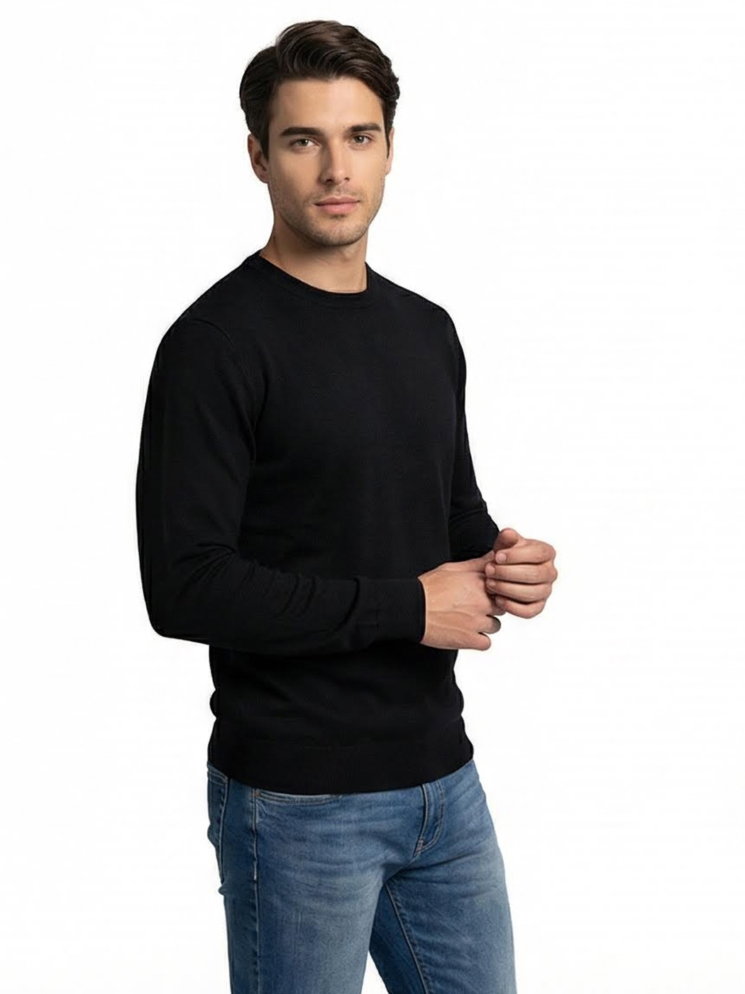 3 Ανδρικό Πλεκτό Πουλόβερ με Λαιμόκοψη 34-305 Μαύρο - Image 1